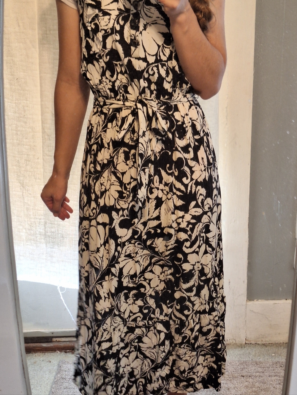 Black and Cream Floral Maxi Dress with Waist Tie